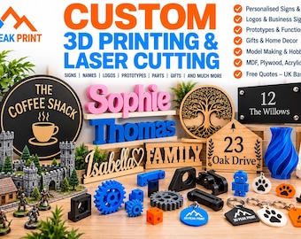 May include: A collection of 3D printed and laser cut items including custom signs, names, logos, and functional parts. Text includes 3D PEAK PRINT, THE COFFEE SHACK, Sophie, Thomas, Isabella, FAMILY, 12 The Willows, 23 Oak Drive, and various icons.