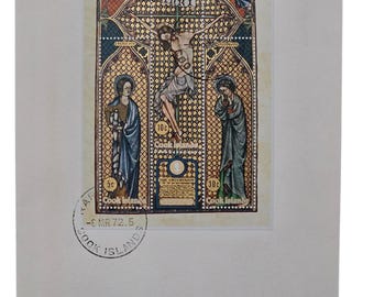 Vintage 1972 Cook Islands Easter First Day Cover, Crucifixion Illuminated Manuscript, Gold Foil Stamps, Religious Junk Journal Craft