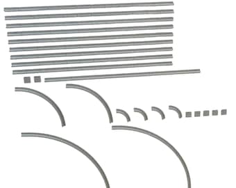 May include: A collection of grey plastic model track components including ten long straight segments, one extra-long straight segment, two small square pieces, four curved track sections, four smaller curved segments, and four tiny square connectors.