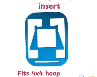 May include: A blue embroidery hoop sock insert with a central square cutout and side openings. The text reads: Embroidery hoop sock insert, Fits 4x4 hoop, Brother Innov-is 750E, and EmiB Designs. The insert is designed for use with embroidery machines.