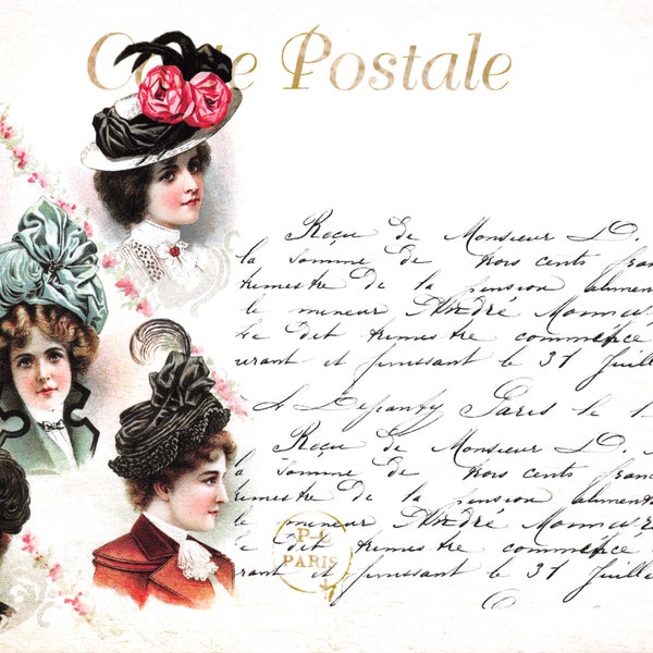 Postcard, French Vintage Shabby Chic Style Hats Fashion, Carte Postale 49J