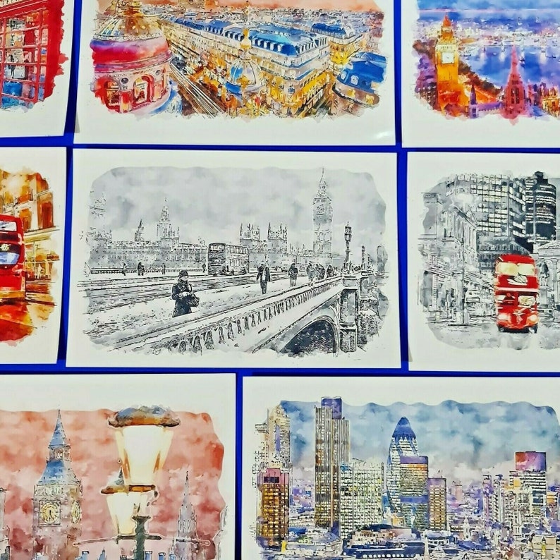 Set of 10 New Glossy Art Postcards, London in Watercolour XL4 image 3