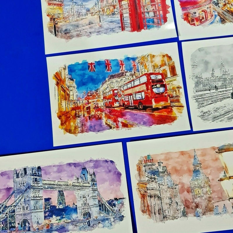 Set of 10 New Glossy Art Postcards, London in Watercolour XL4 image 2