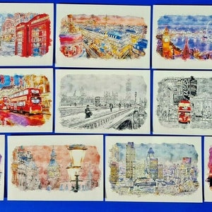 Set of 10 New Glossy Art Postcards, London in Watercolour XL4 image 1