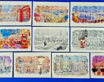 Set of 10 New Glossy Art Postcards, London in Watercolour XL4