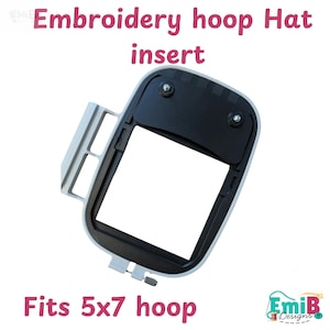 May include: A white and black embroidery hoop hat insert with the text Embroidery hoop Hat insert and Fits 5x7 hoop. The device features a rectangular frame with a black plate secured by two metal screws, designed for use with a 5x7 inch hoop.