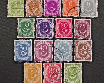 West Germany 1951-52 Posthorn Definitive Komplettes Gebrauchtes Set 16v SG 1045-1060