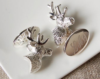 Engraved Stag's Head Cufflinks, Personalised Wedding Cufflinks, Stag Cufflinks, Silver Deer Cufflinks, Personalised Silver Antler Cufflinks