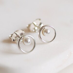 Sterling Silver Pearl Loop Stud Earrings, Simple Sterling Silver Earrings, Silver Loop Stud Earrings, Tiny Silver Earrings, Silver and Pearl