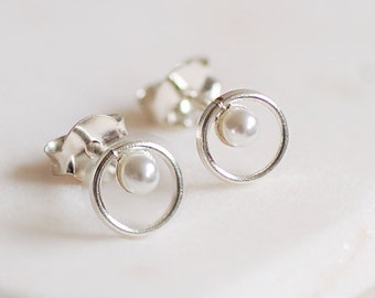 Sterling Silver Pearl Loop Stud Earrings, Simple Sterling Silver Earrings, Silver Loop Stud Earrings, Tiny Silver Earrings, Silver and Pearl