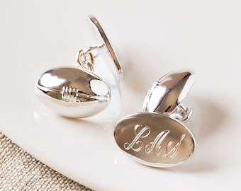 Personalised Rugby Cufflinks, Rugby Cufflinks, Silver Rugby Ball Cufflinks, Engraved Rugby Ball Cufflinks, Personalised Silver Cufflinks