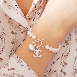 Personalised Pearl Bracelet, Freshwater Pearl Initial Bracelet, Pearl Charm Bracelet, Personalised Pearl and Silver Bracelet, Charm Bracelet