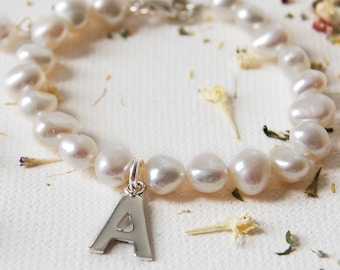 Girl's First Pearls, Girl's Initial Pearl Bracelet, Personalised Girl's Pearl Bracelet, Silver Pearl Baby Gift Bracelet, First Birthday Gift