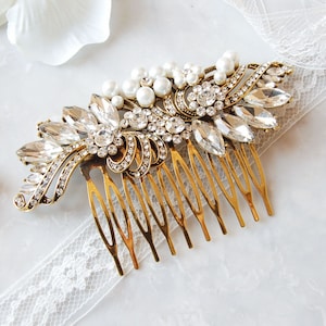 Vintage Style Gold Wedding Hair Comb, Crystal Bridal Hair Comb, Bridesmaids Pearl Hair Comb, Old Hollywood, Vintage Deco Rhinestone Comb