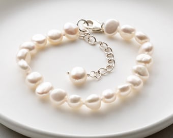 Girl's First Pearls, Girl's Pearl Bracelet, Freshwater Pearl Extending Bracelet, Silver Pearl Baby Gift Bracelet, First Birthday Gift