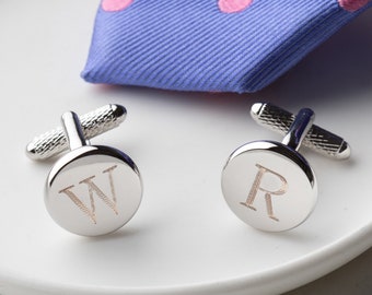 Engraved Round Initial Cufflinks, Personalised Letter Cufflinks, Engraved Silver Initial Cufflinks, Personalised Silver Wedding Cufflinks