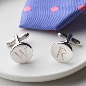 Engraved Round Initial Cufflinks, Personalised Letter Cufflinks, Engraved Silver Initial Cufflinks, Personalised Silver Wedding Cufflinks