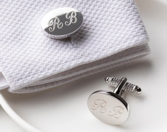Engraved Oval Cufflinks: Personalized Initial Silver Cufflinks