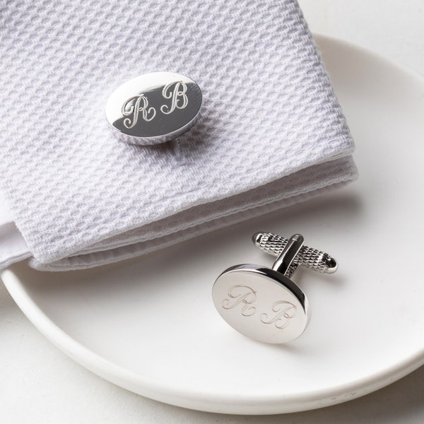 Engraved Oval Cufflinks, Personalised Silver Cufflinks, Classic Oval Cufflinks, Engraved Initial Cufflinks, Wedding Monogram Cufflinks