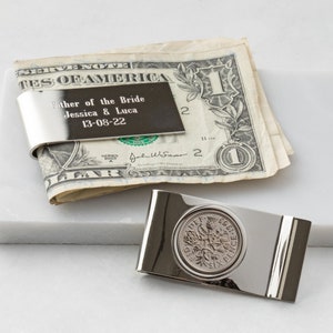 Pince à billets personnalisée père de la mariée Sixpence, pince à billets de mariage gravée, cadeau de mariage en argent, cadeau de mariage père de la mariée