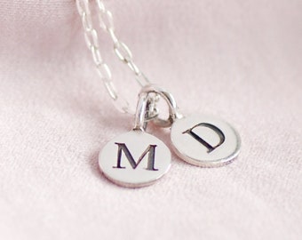 Personalised Silver Initial Disc Necklace, Stamped Silver Disc Necklace, Initial Charm Necklace, Minimalist Tiny Silver Letter Disc Necklace