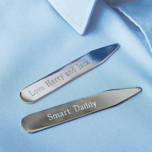 May include: Two silver collar stays with engraved messages. The top stay reads "Love Harry and Jack x". The bottom stay reads "Smart Daddy".