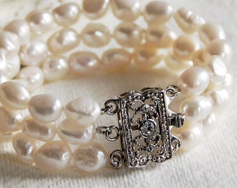 Vintage Style Triple Strand Pearl Bracelet, Ivory Pearl Bracelet, Pearl Cuff Bracelet, Bridal Pearl Bracelet, Three Strand Pearl Bracelet