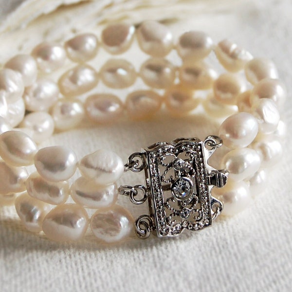 Vintage Style Triple Strand Pearl Bracelet, Ivory Pearl Bracelet, Pearl Cuff Bracelet, Bridal Pearl Bracelet, Three Strand Pearl Bracelet