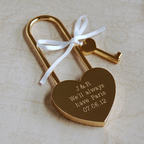 Personalised Heart Padlock, Engraved Love Lock, Gold Paris Padlock, Silver Engraved Heart Padlock, Engagement Memento, Gifts For The Couple