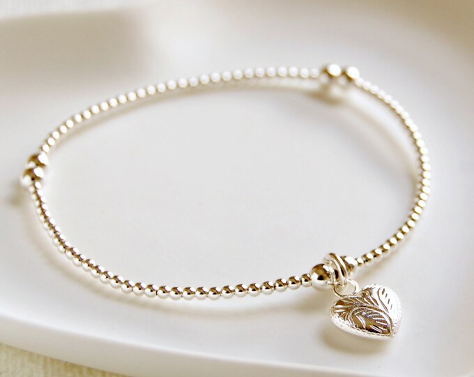 Delicate Silver Bead Bracelet With Patterned Heart Charm, Engraved Heart Charm Bracelet, Silver Etched Heart Charm Bracelet, Silver Bracelet