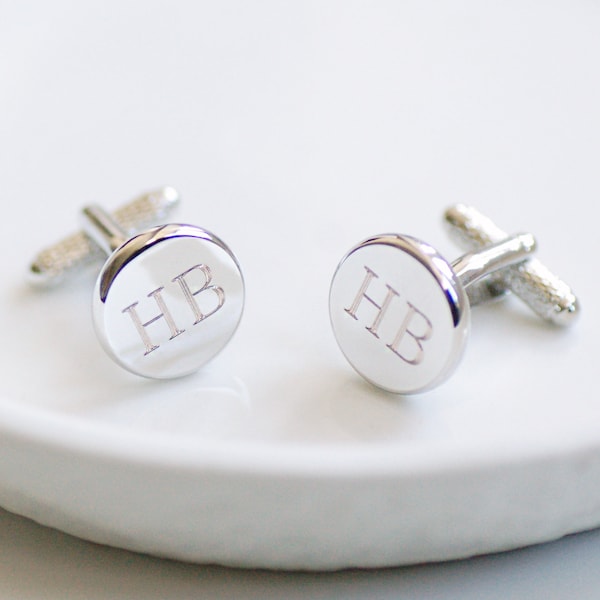 Personalised Round Initial Cufflinks, Personalised Letter Cufflinks, Engraved Silver Initial Cufflinks, Personalised Round Wedding Cufflinks