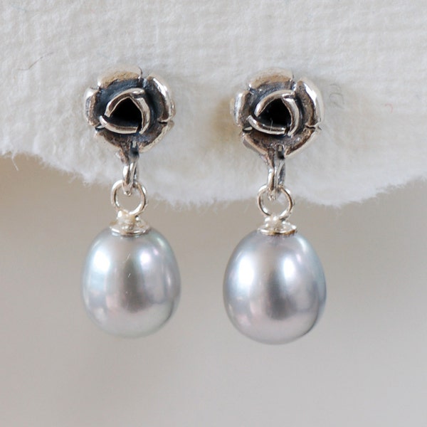 Boucles d'oreilles Silver Rose Grey Pearl, boucles d'oreilles vintage Style Rose Drop, Boucles d'oreilles Gray Pearl Drop, Boucles d'oreilles Grey Bridal Pearl, Perles de mariée