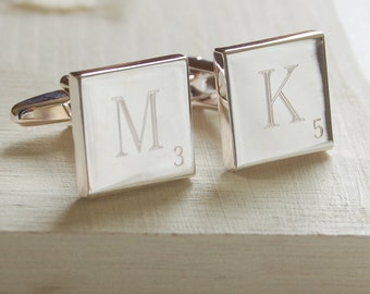 Engraved Word Tile Cufflinks, Personalised Letter Cufflinks, Engraved Silver Square Letter Tile Cufflinks, Word Play Cufflinks, Monograms