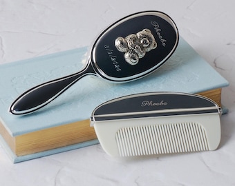 Engraved Teddy Bear Brush, Personalised Silver Brush and Comb Set, New Baby Gift, Personalised Christening Gift
