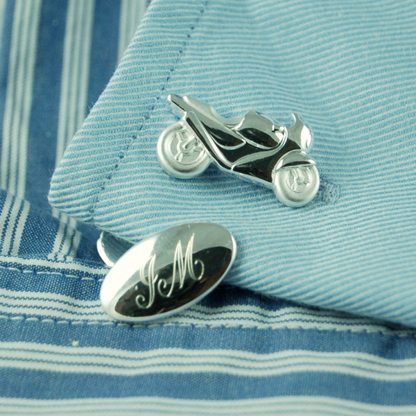 Engraved Motorcycle Cufflinks, Personalised Motorbike Cufflinks, Bike Cufflinks, Silver Motorcycle Cufflinks, Monogram Motorbike Cufflinks