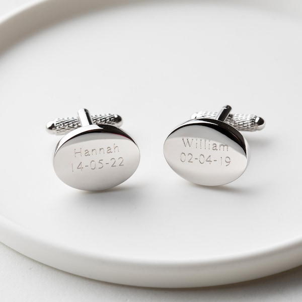 Personalised Oval Cufflinks, Engraved Wedding Name Cufflinks, Personalised Bride and Groom Cufflinks, Engraved Silver Wedding Day Cufflinks