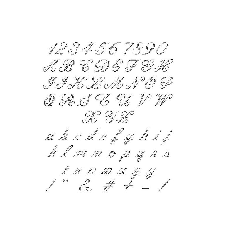 May include: A black and white image of a handwritten alphabet and numbers in a cursive font. The letters and numbers are arranged in rows, starting with the numbers 1 through 0, followed by the uppercase letters A through Z, then the lowercase letters a through z, and finally some punctuation marks.