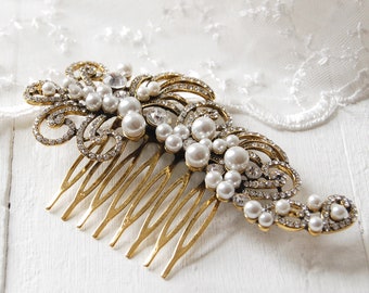 Gold Vintage Pearl Wedding Hair Comb, Bridal Hair Comb, Crystal Wedding Hair Comb, Bridal Headpiece, Vintage Style Crystal Pearl Hair Comb