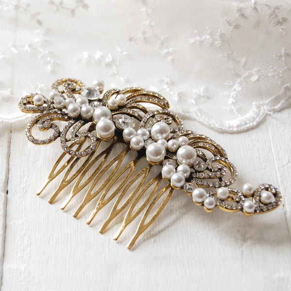 Gold Vintage Pearl Wedding Hair Comb, Bridal Hair Comb, Crystal Wedding Hair Comb, Bridal Headpiece, Vintage Style Crystal Pearl Hair Comb