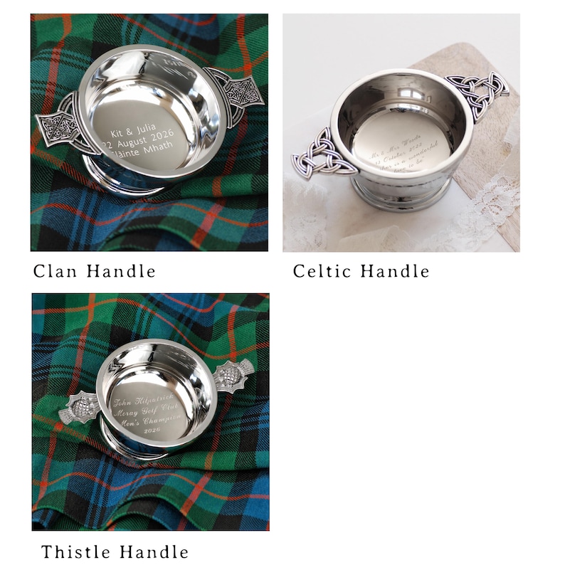 Pode incluir: Tr&ecirc;s ta&ccedil;as de prata com texto gravado e al&ccedil;as decorativas. As ta&ccedil;as est&atilde;o rotuladas como "Clan Handle", "Celtic Handle" e "Thistle Handle". Cada ta&ccedil;a tem um design de al&ccedil;a diferente e est&aacute; sobre um fundo padronizado.
