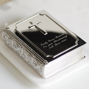 Boîte à bijoux personnalisée pour baptême, boîte à bijoux Bible en argent, boîte à bijoux gravée, boîte souvenir personnalisée, boîte à bijoux de communion