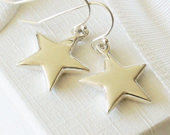 Sterling Silver Star Drop Earrings, Star Wire Earrings, Silver Star Dangle Earrings, Bridesmaid Earrings, Silver Star Hook Earrings