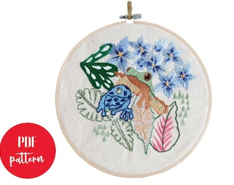 Frog embroidery pattern, Medium difficulty embroidered PDF pattern, Hand embroidery tutorial, Bird stitches pattern tutorial