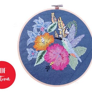 Hummingbird  embroidery pattern, Medium difficuly embroidery PDF pattern, Hand embroidery tutorail,Bird stitches pattern tutorial