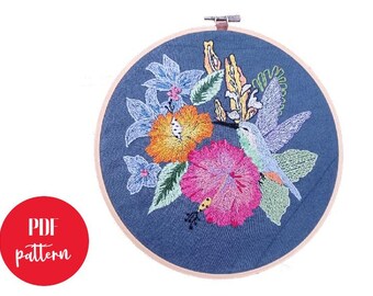 Hummingbird  embroidery pattern, Medium difficuly embroidery PDF pattern, Hand embroidery tutorail,Bird stitches pattern tutorial