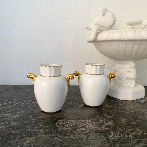 PAIR vintage white gold English bone china vases Aynsley Paris style decor