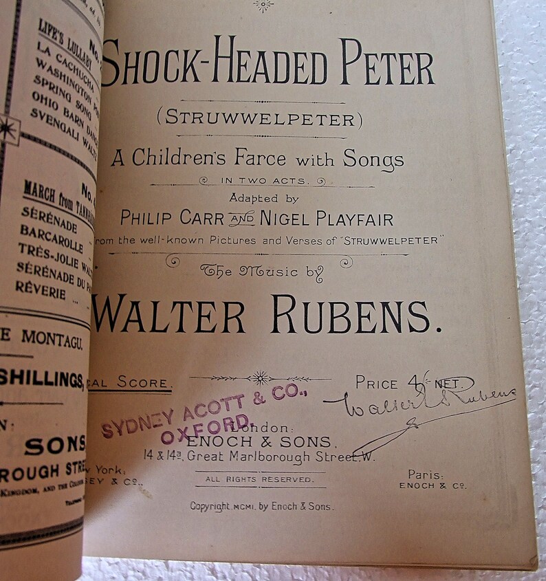 Shock-Headed Peter Struwwelpeter A children's Farce in two acts. Vocal score. The music by Walter Rubens,signature image 2