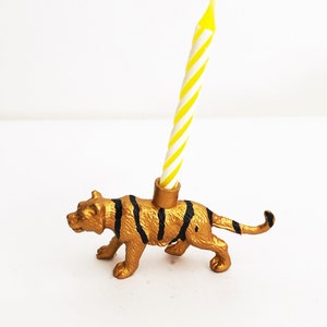 Gold Blue Pink Tiger Candle Holder Cake Topper / Tiger Animal Birthday Party Decorations / Tiger Party Decor Candles / Cupcake Cake Toppers Gold Stripes