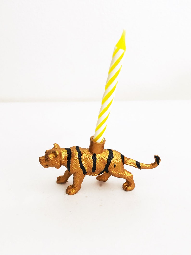 Gold Blue Pink Tiger Candle Holder Cake Topper / Tiger Animal Birthday Party Decorations / Tiger Party Decor Candles / Cupcake Cake Toppers Gold Stripes