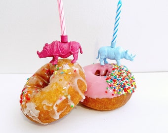 White Mint Pink Gold Rhinoceros Rhino Candle Holder Cake Topper / Animal Birthday Party / Rhino Animal Party Decor / Cupcake Decorations